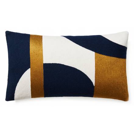 Judy Ross Textiles Hand-Embroidered Chain Stitch LUNA_14x24 Throw Pillow cream/navy/gold rayon